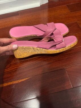 Pink Cork Wedge Slide Sandals with Crossover Straps